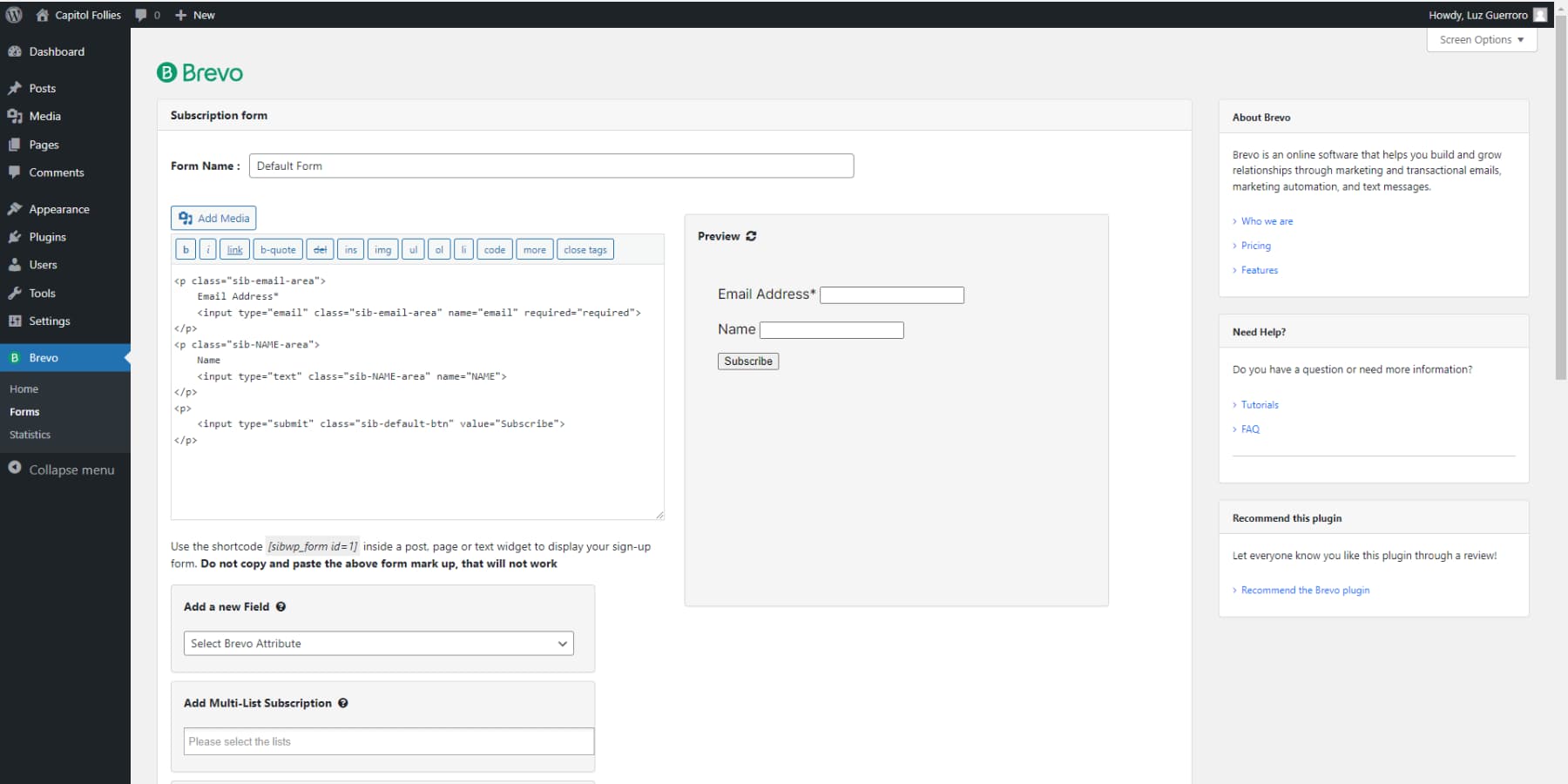 A screenshot of Brevo's WordPress Plugin's user interface
