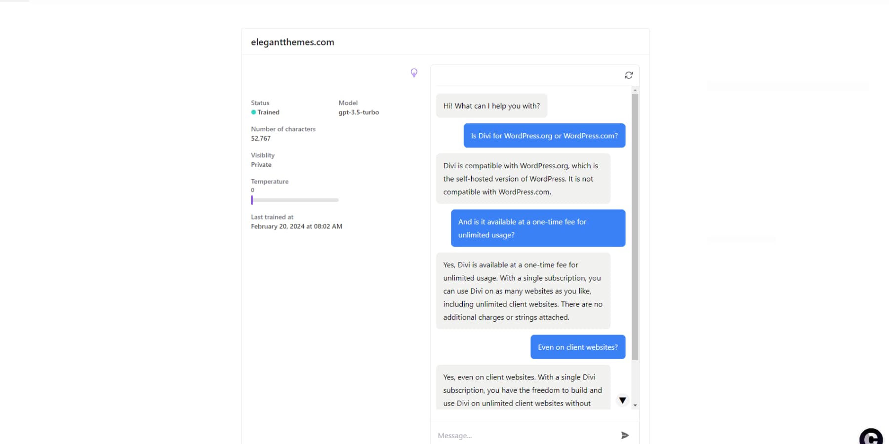 A screenshot of Chatbase responding to customer inquiries
