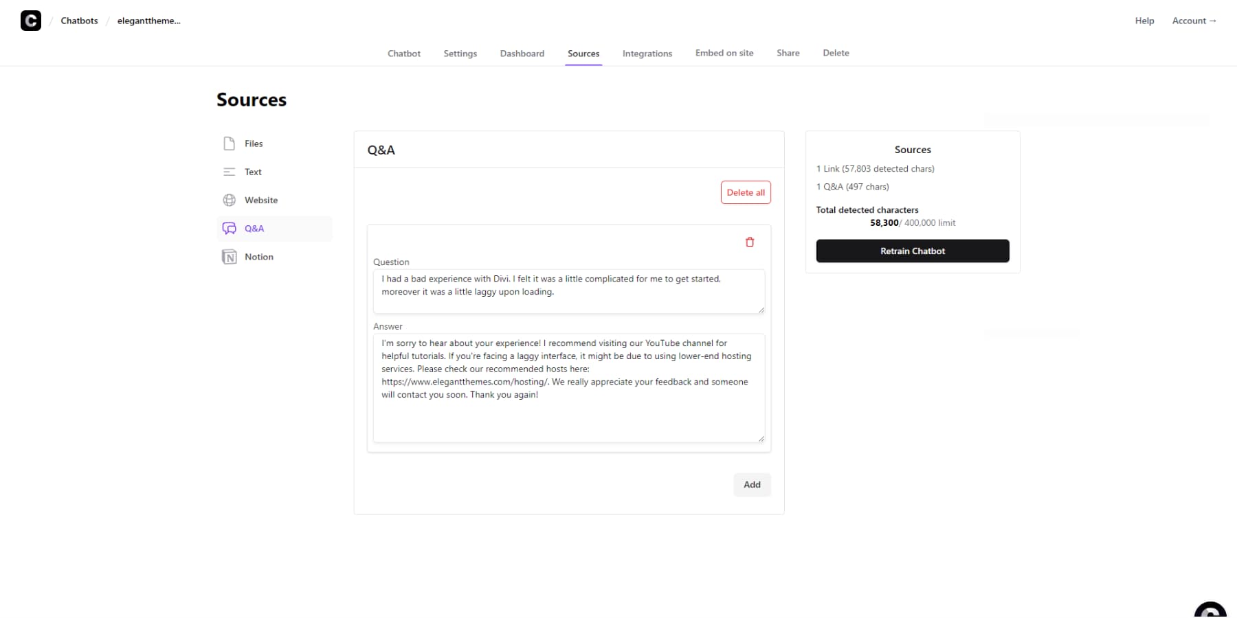A screenshot of Chatbase's Q&A tools