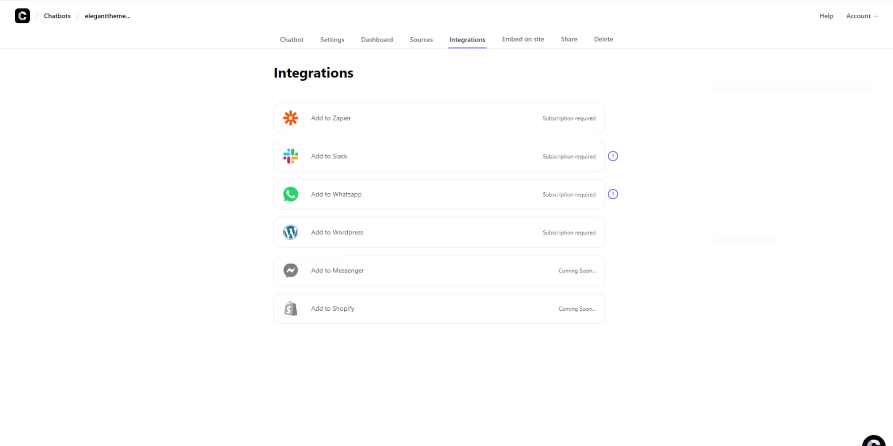 A screenshot of Chatbase's integrations