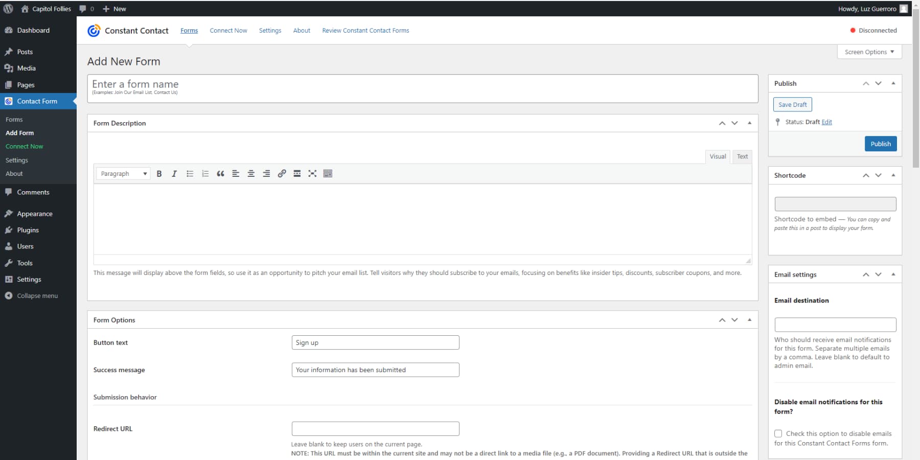 A screenshot of Constant Contact WordPress Plugin's user interface
