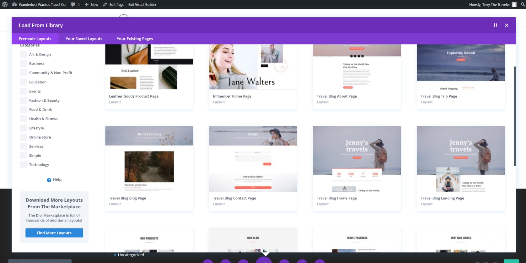 A screenshot of Divi's premade pages
