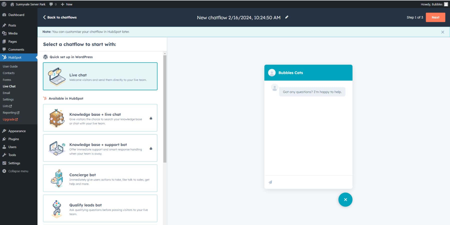 A screenshot of HubSpot's WordPress Plugin Interface