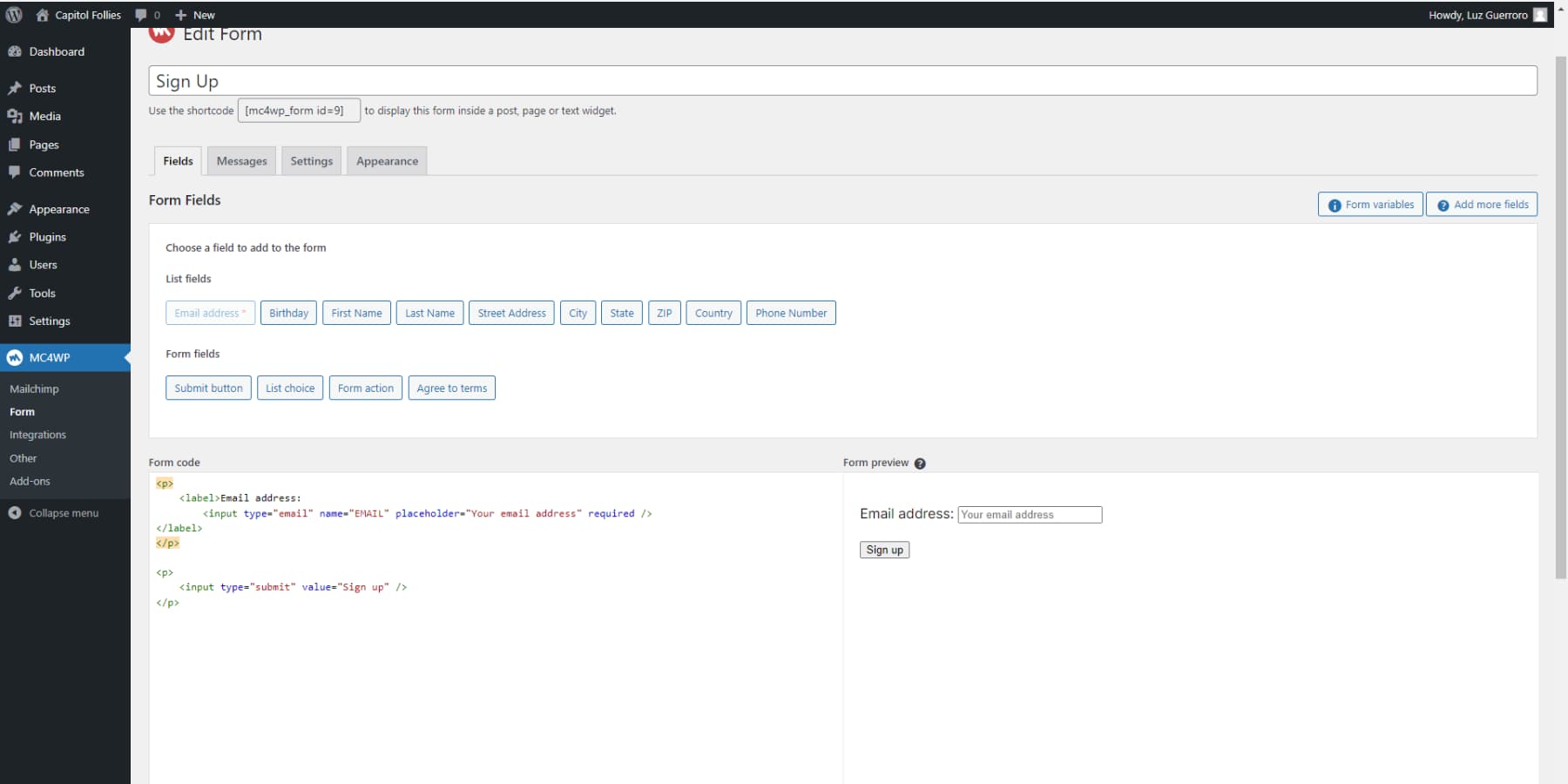 A screenshot of MailChimp WordPress Plugin's user interface