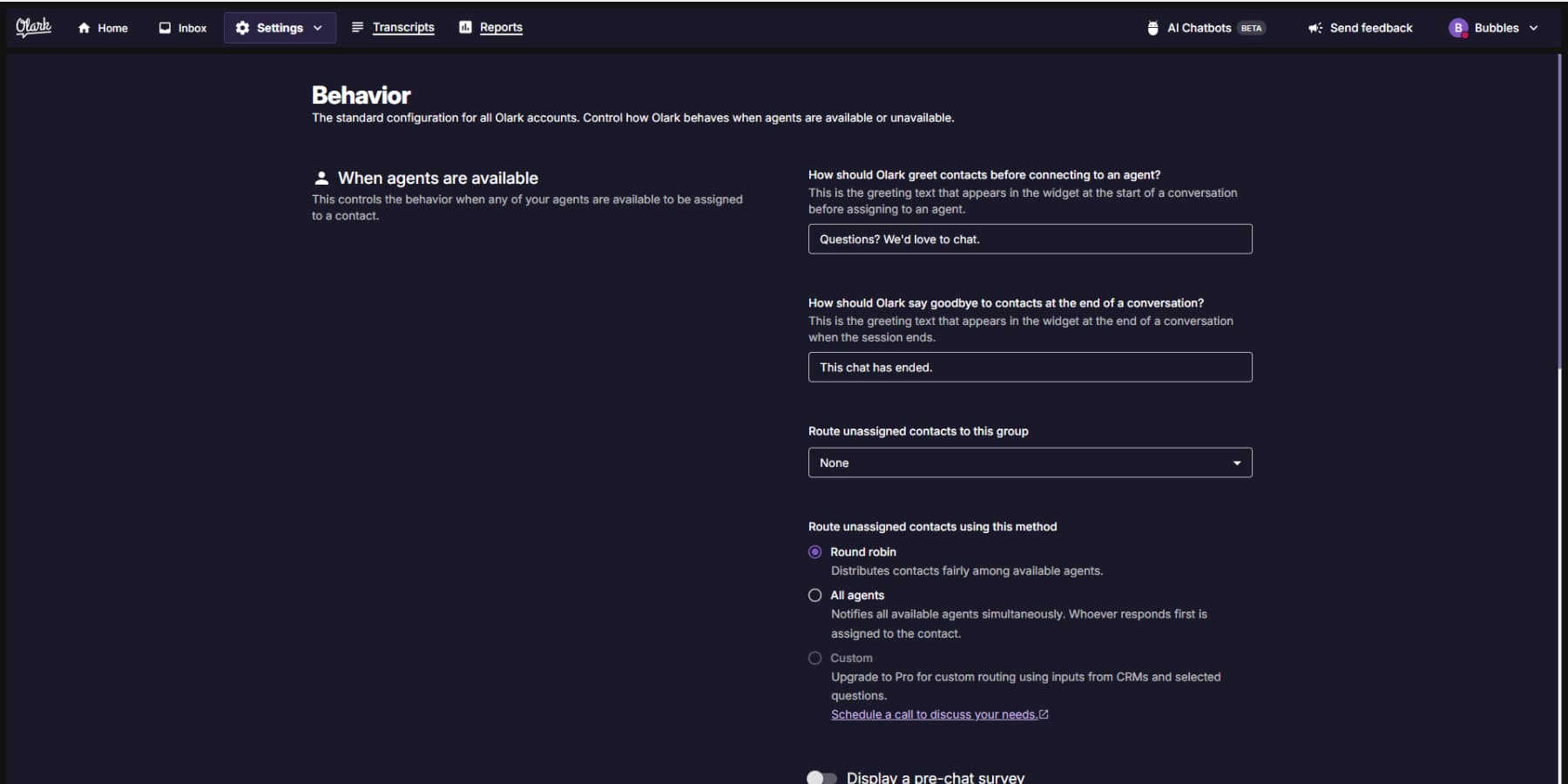 A screenshot of Olark's WordPress Plugin Interface