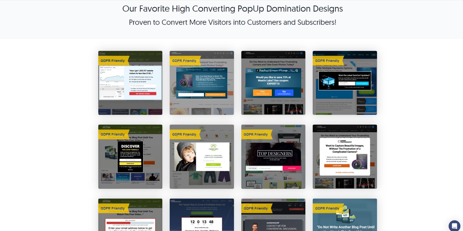 A screenshot of Popup Domination's templates
