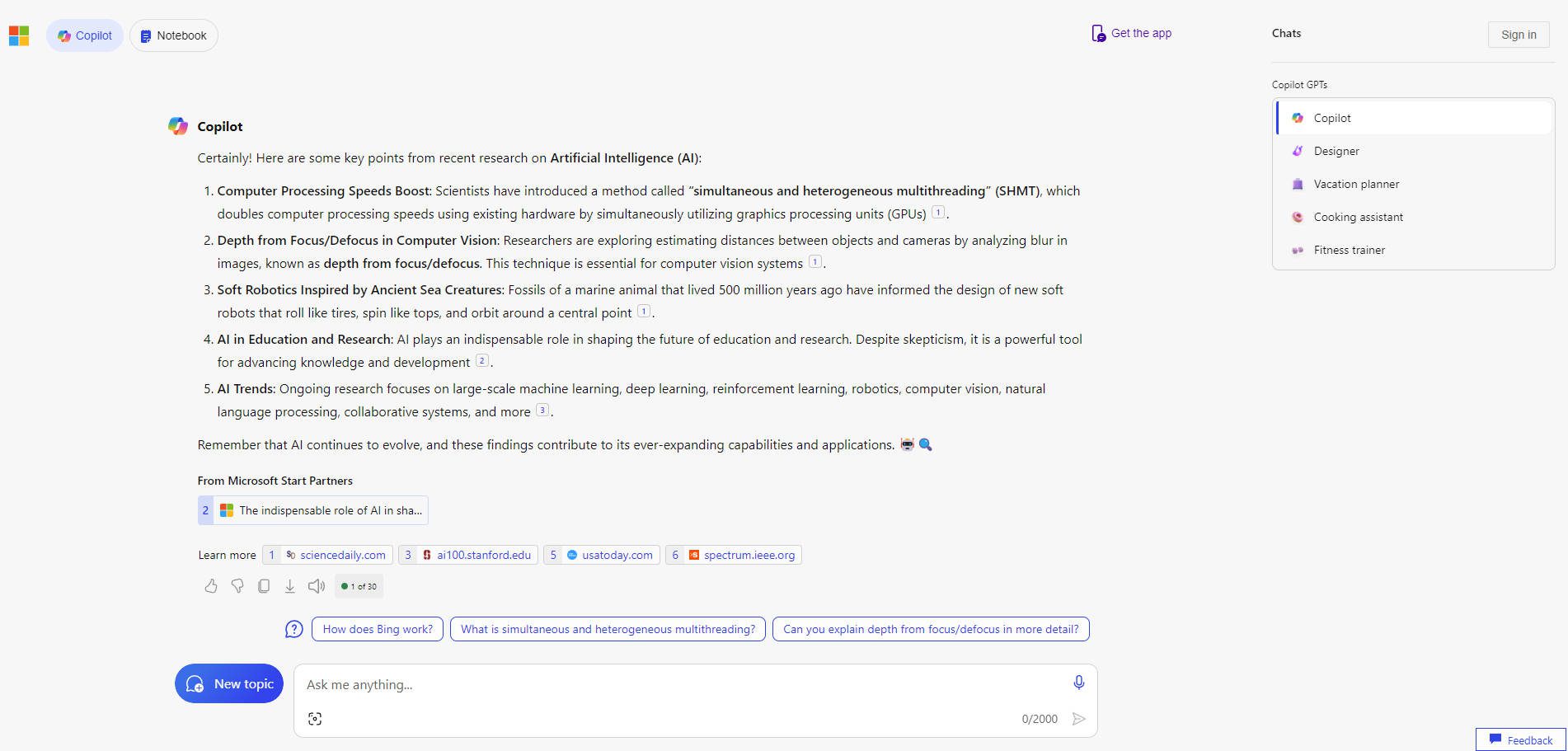 Copilot Chat Interface with Cited Sources and Hyperlinks