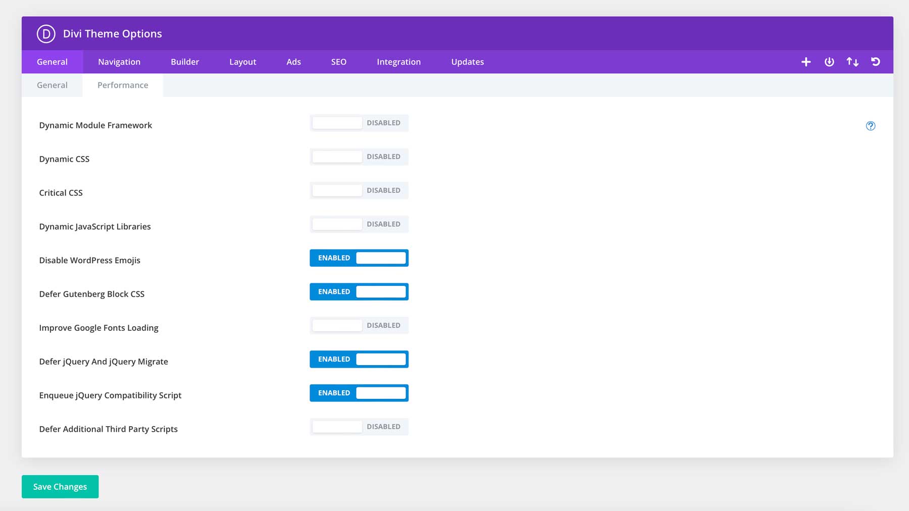 Divi performance settings