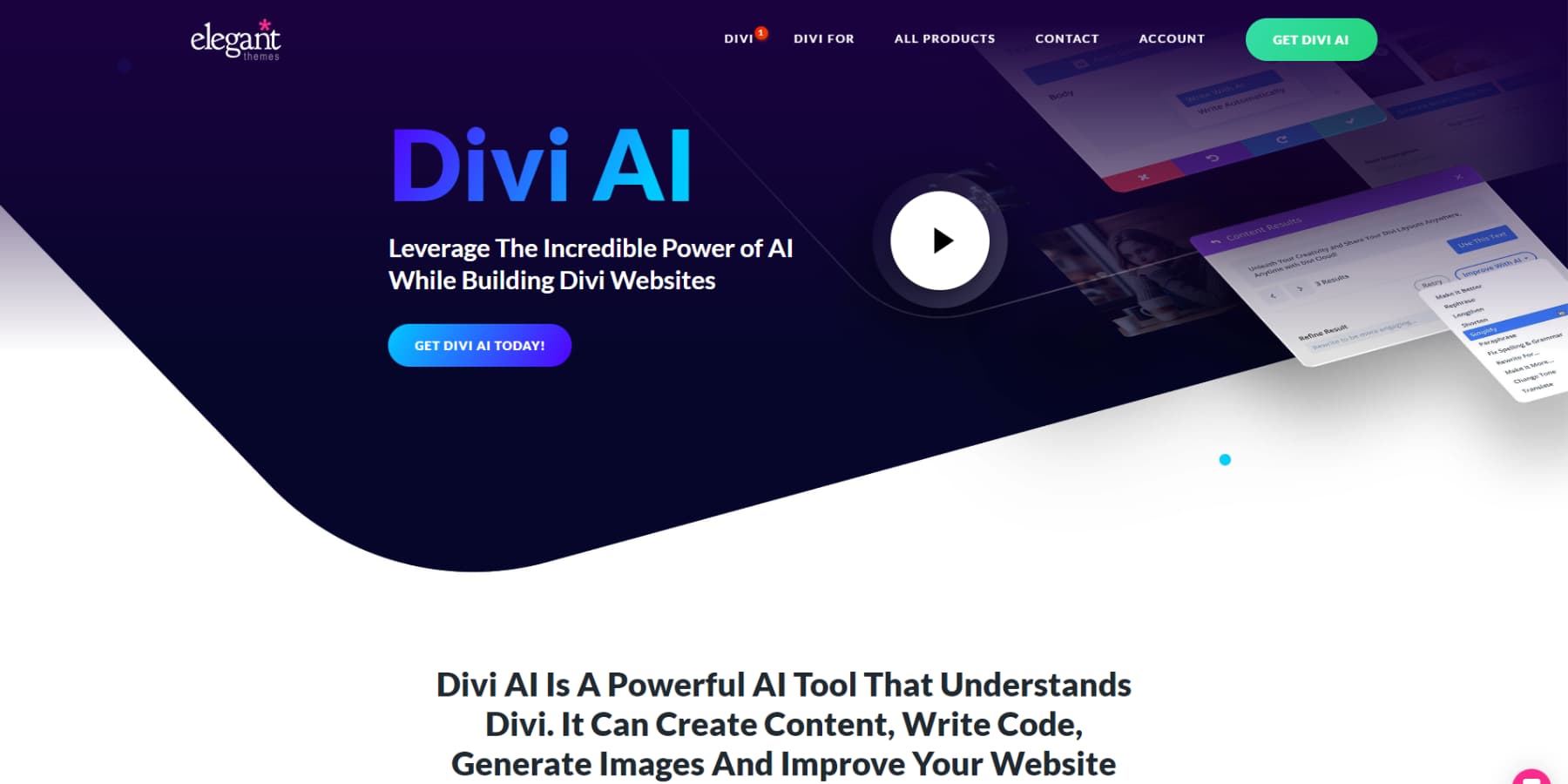 A screenshot of Divi AI's homepage