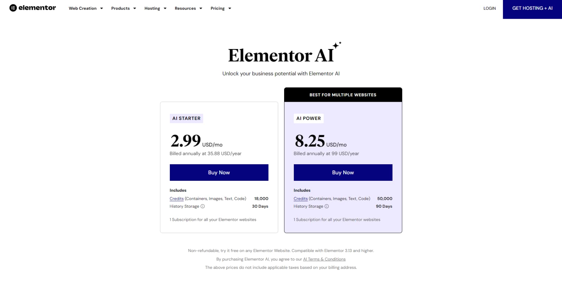 A screenshot of Elementor AI's pricing