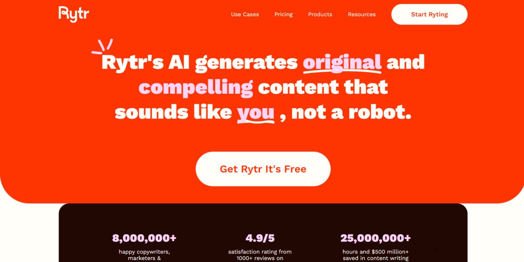 A screenshot of Rytr's home page