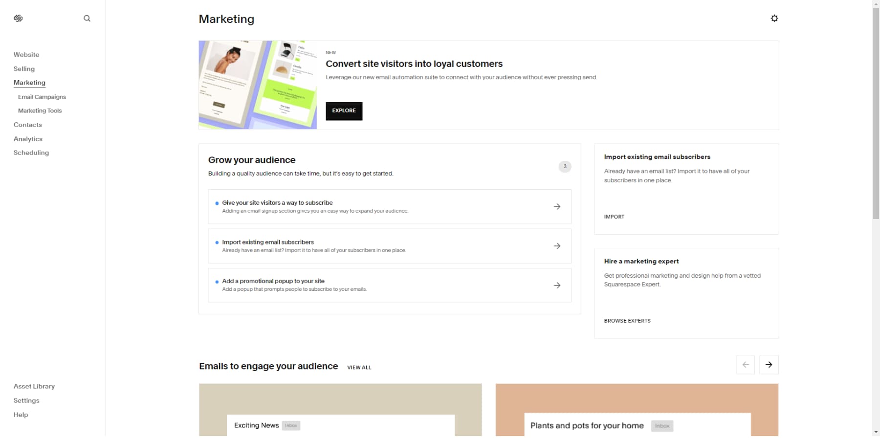 A screenshot of Squarespace's marketing options panel