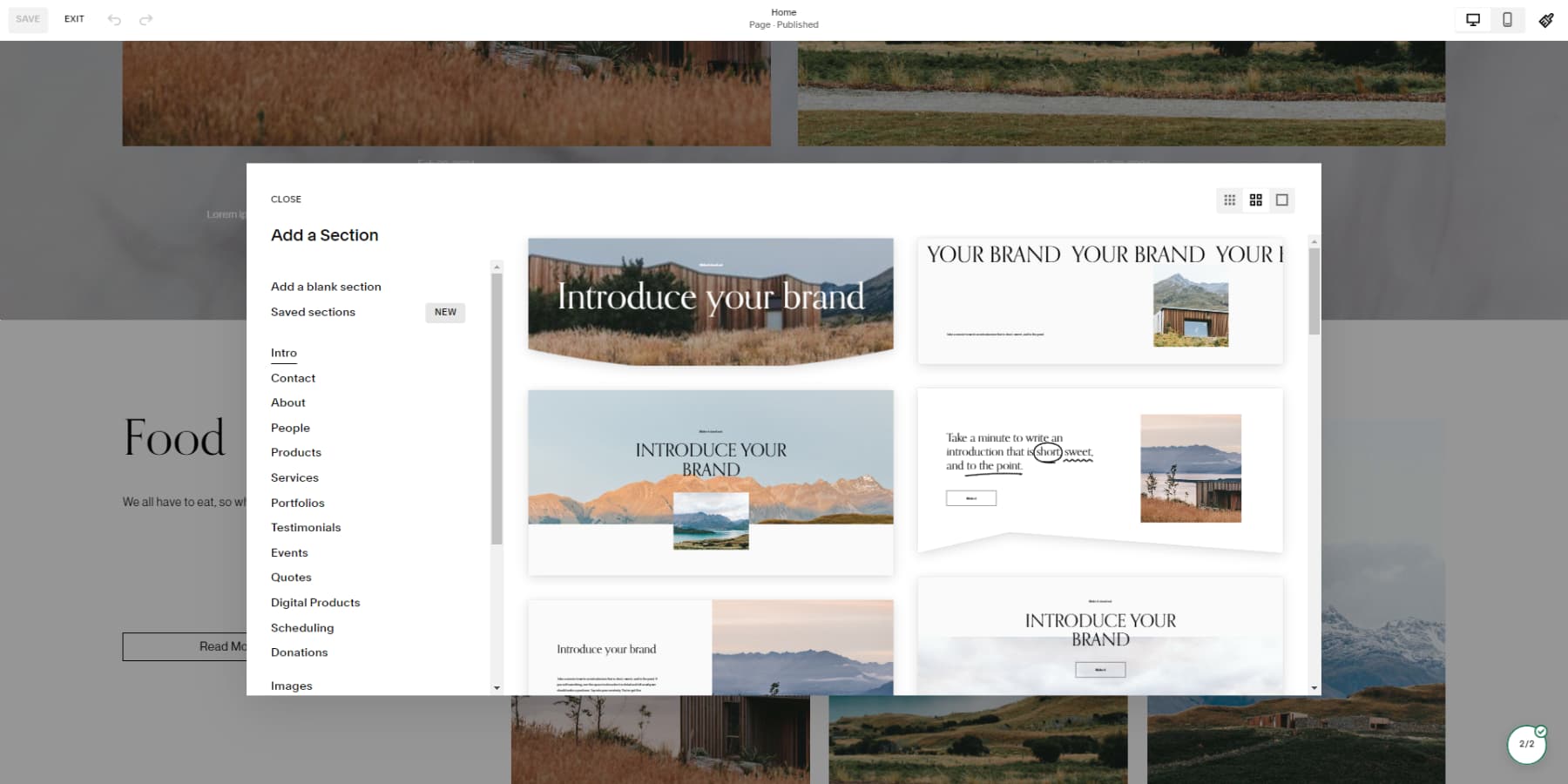 A screenshot of Squarespace's premade sections