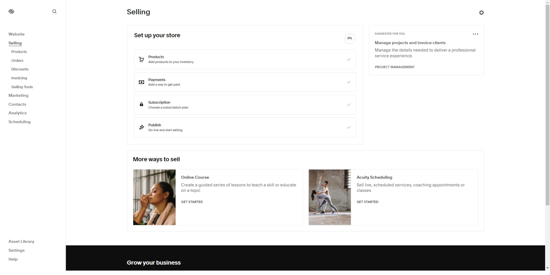 A screenshot of Squarespace's selling options panel