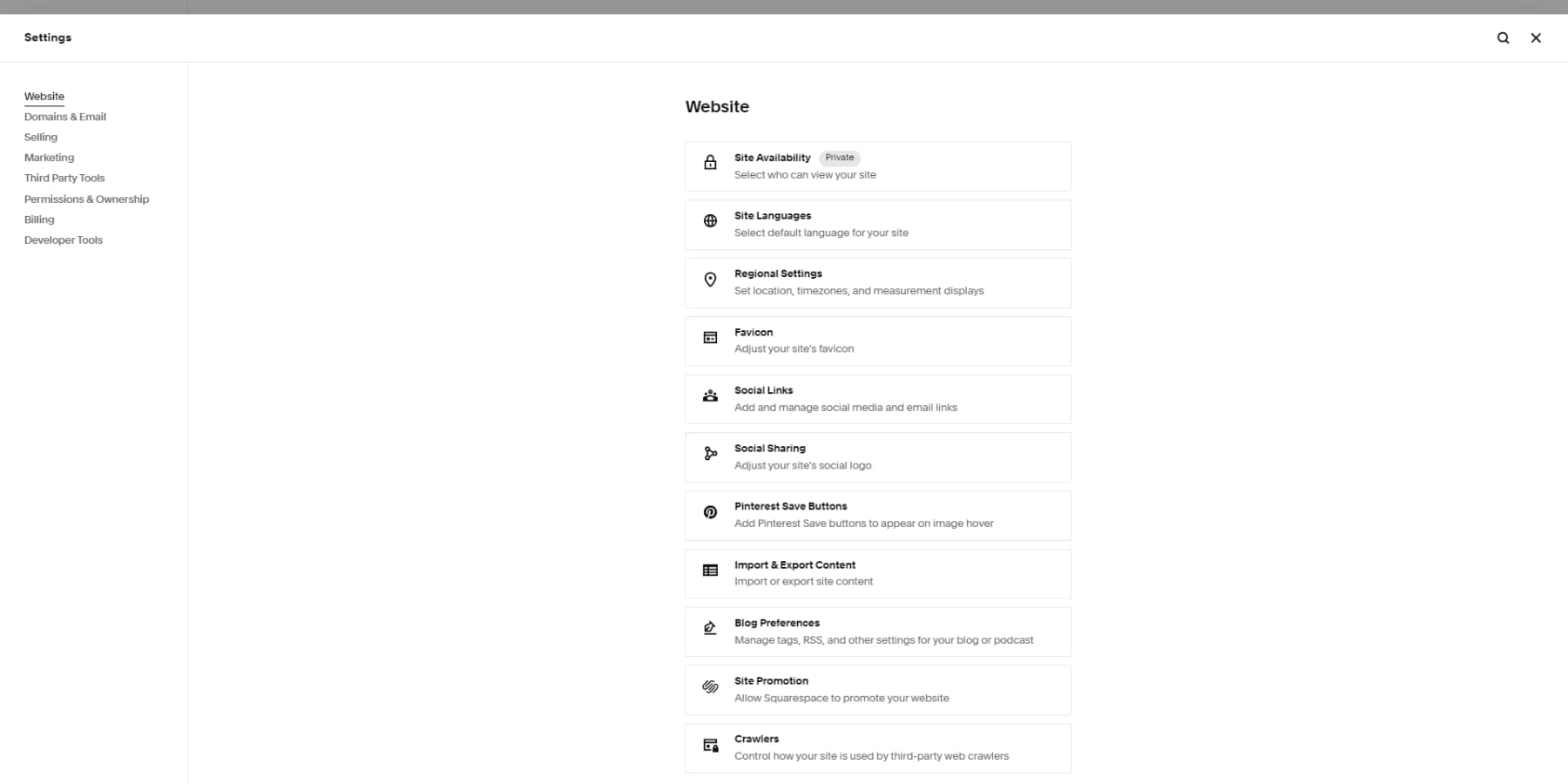 A screenshot of Squarespace's settings
