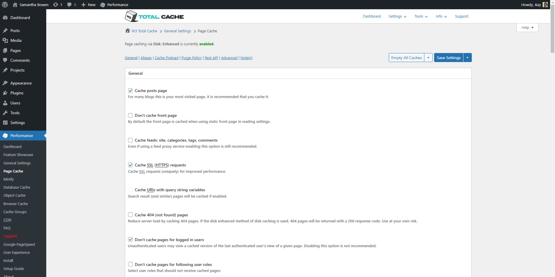 A screenshot of W3TC's page cache options