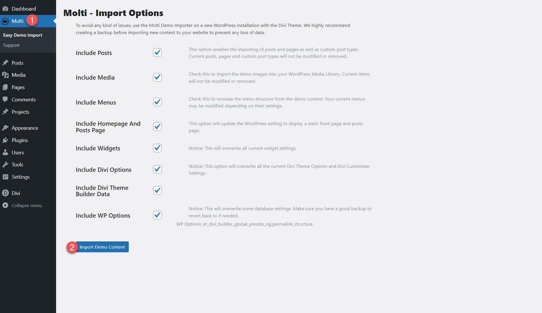 Molti Import Demo Content