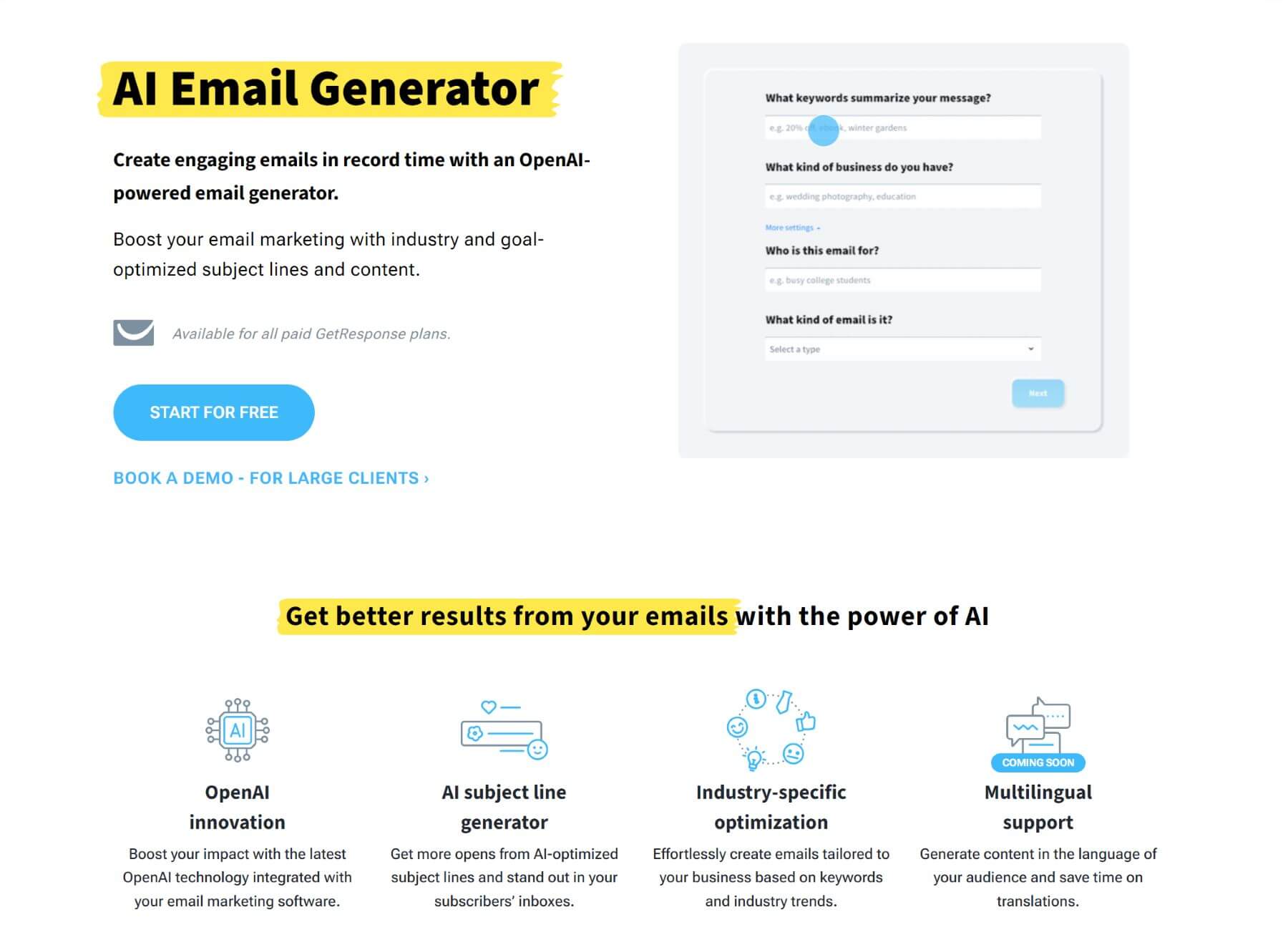 GetResponse AI Email Generator Landing Page