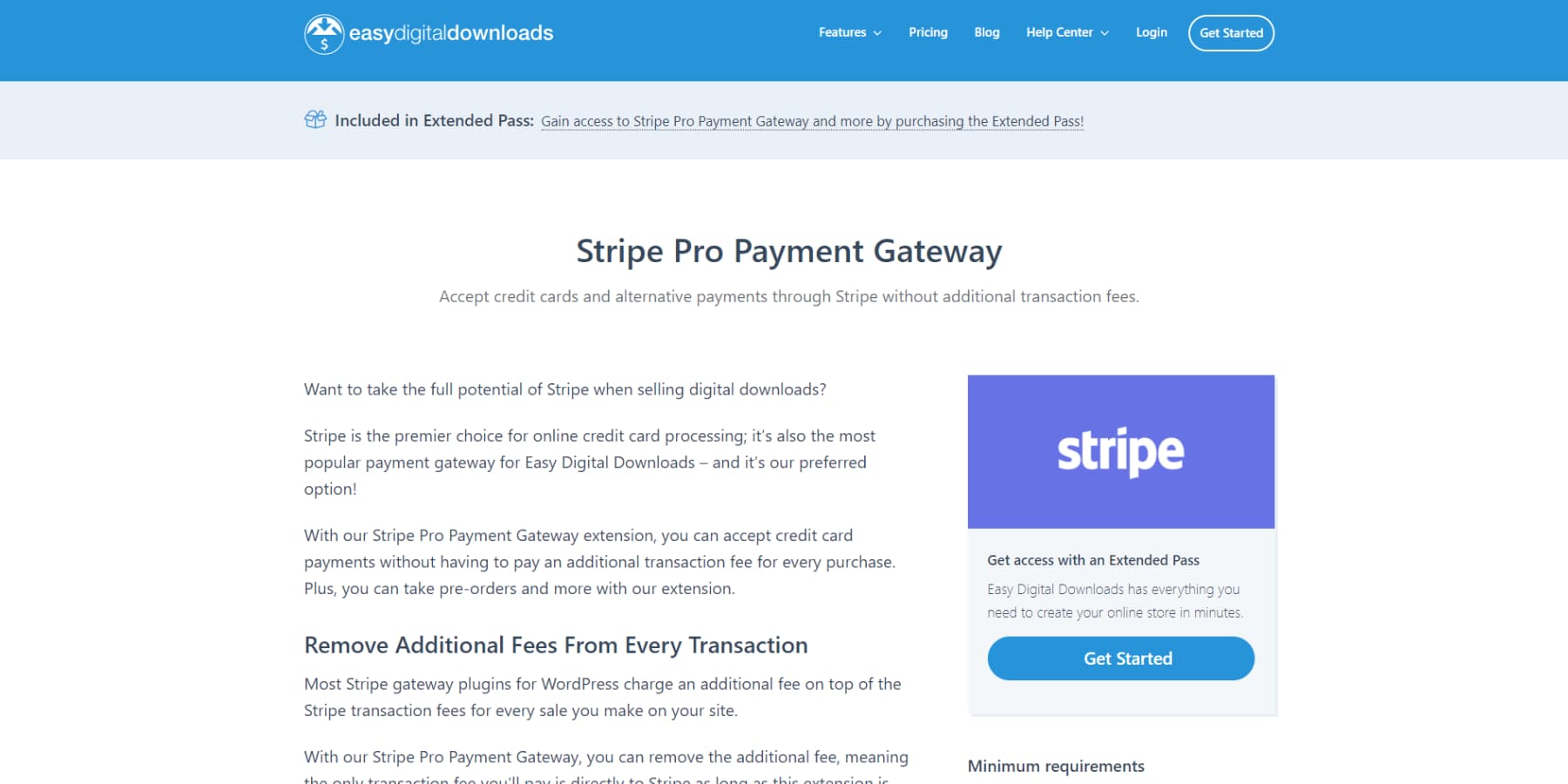 A screenshot of EDD's Stripe extenstion homepage