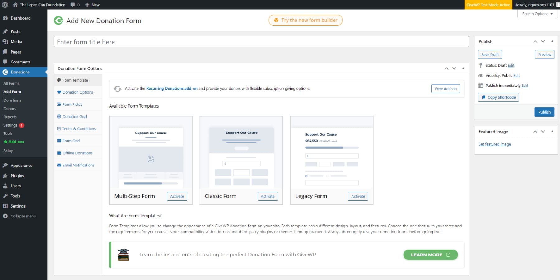 A screenshot of GiveWP's user interface