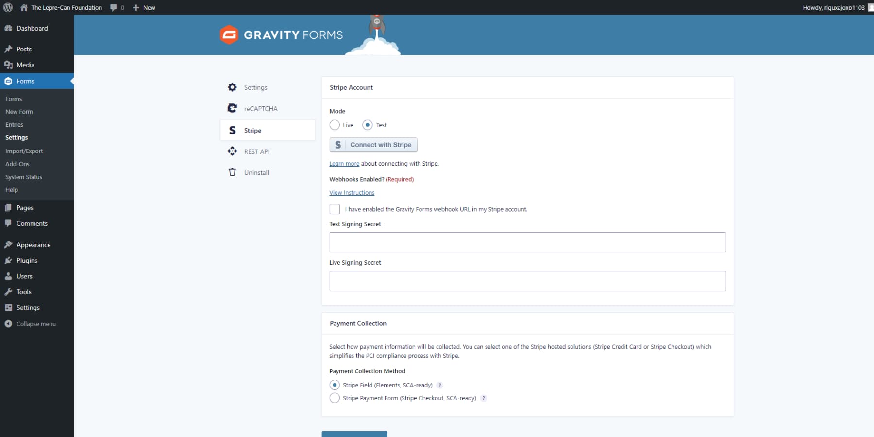A screenshot of Gravity Forms' payments user interface