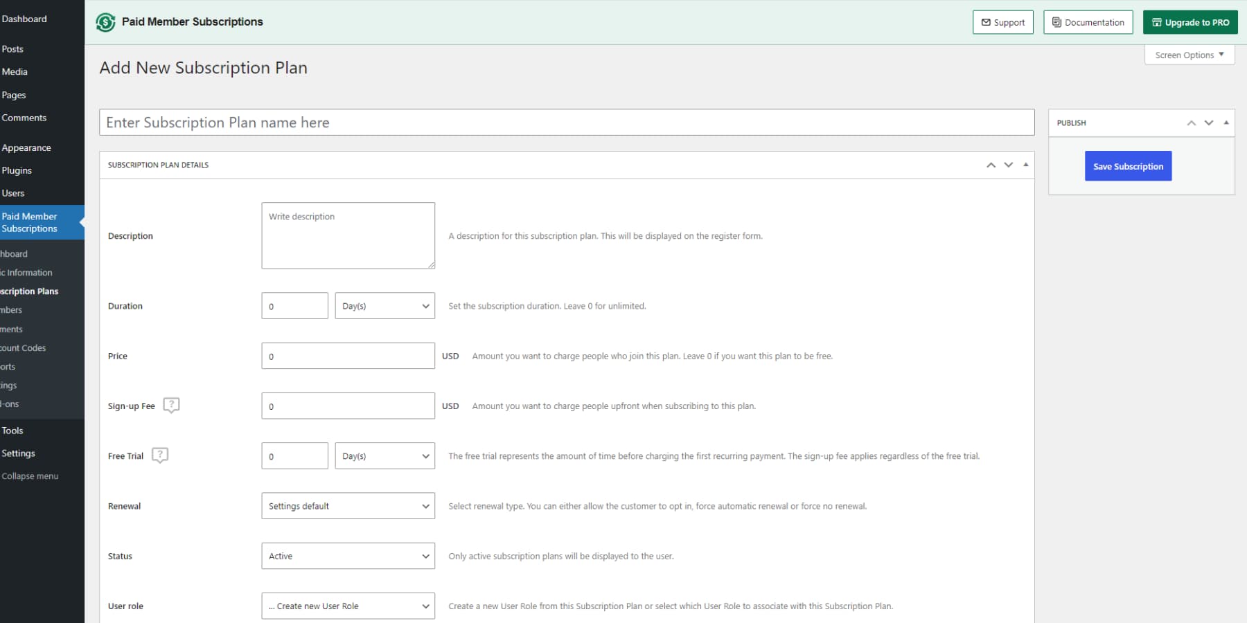 A screenshot of Paid Member Subscriptions' user interface