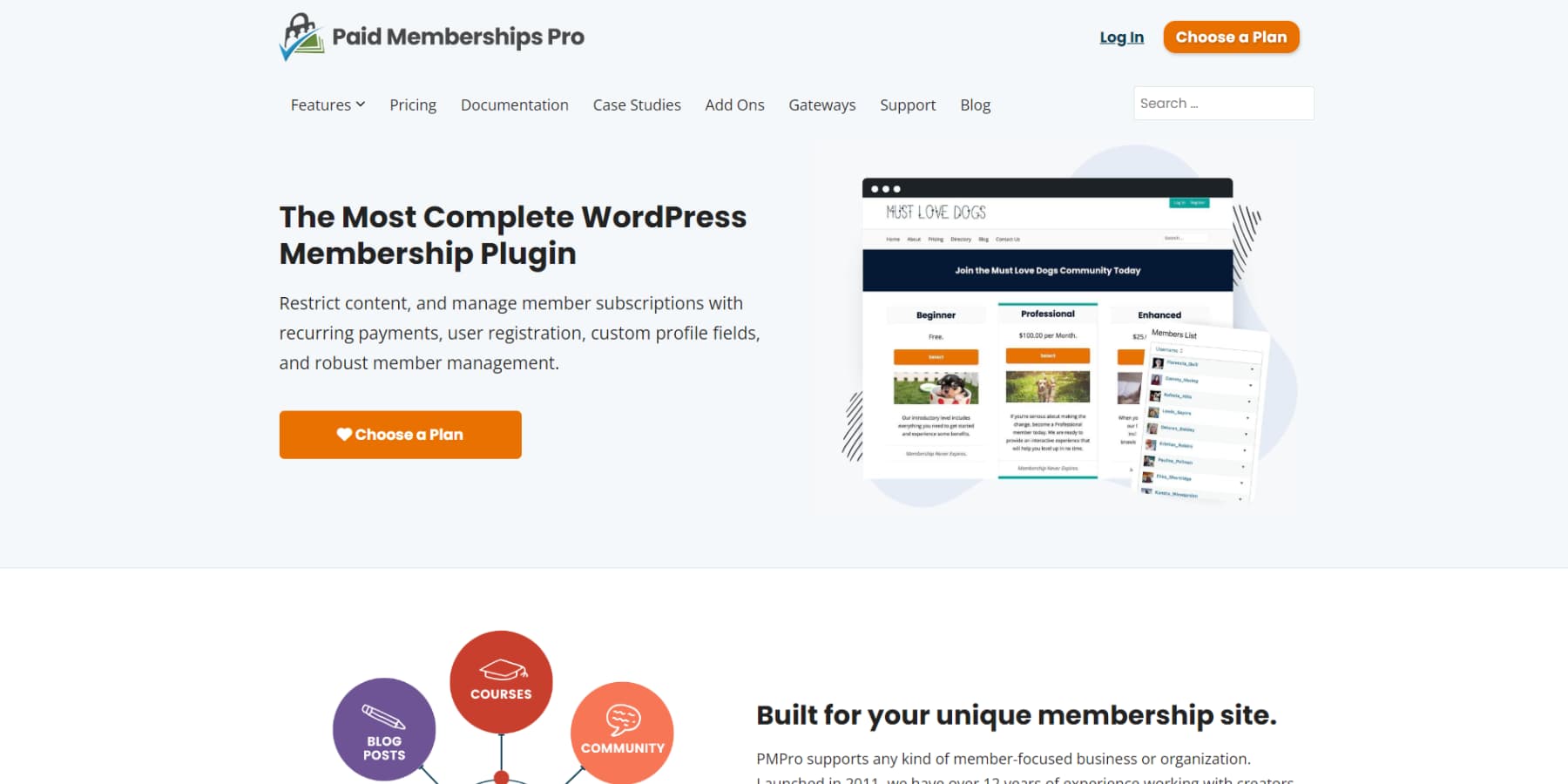 A screenshot of Paid Memberships Pro's homepage