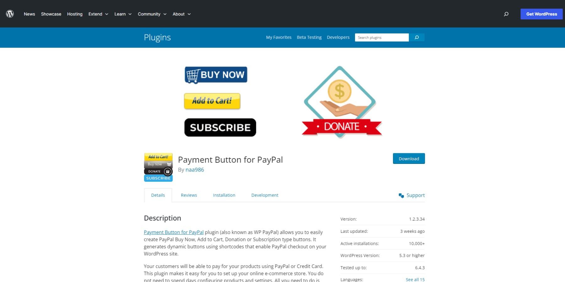 A screenshot of Payment Button For Paypal's plugin listing on WordPress Plugin Repository