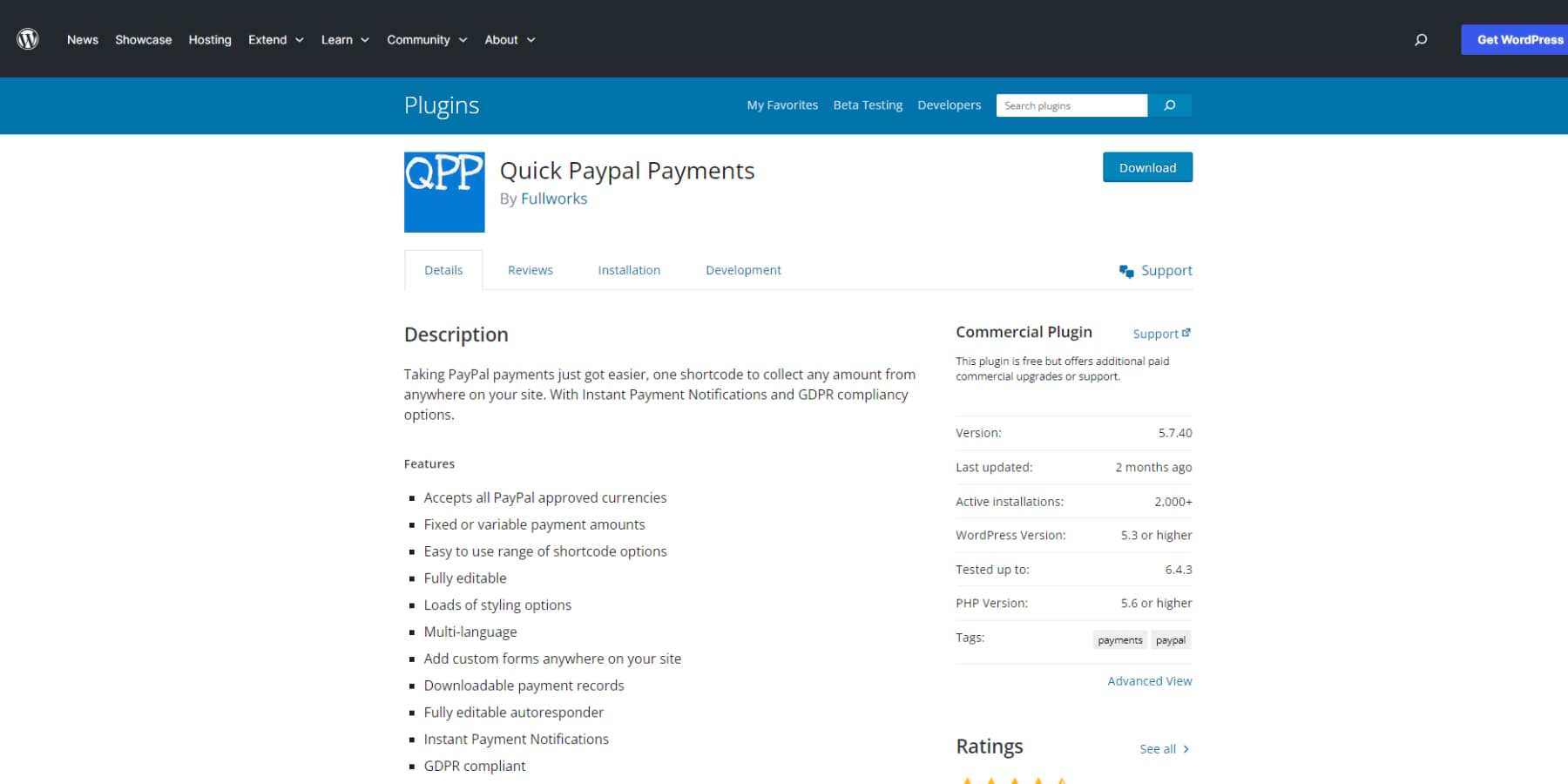 A screenshot of Quick Paypal's plugin listing on WordPress Plugin Repository