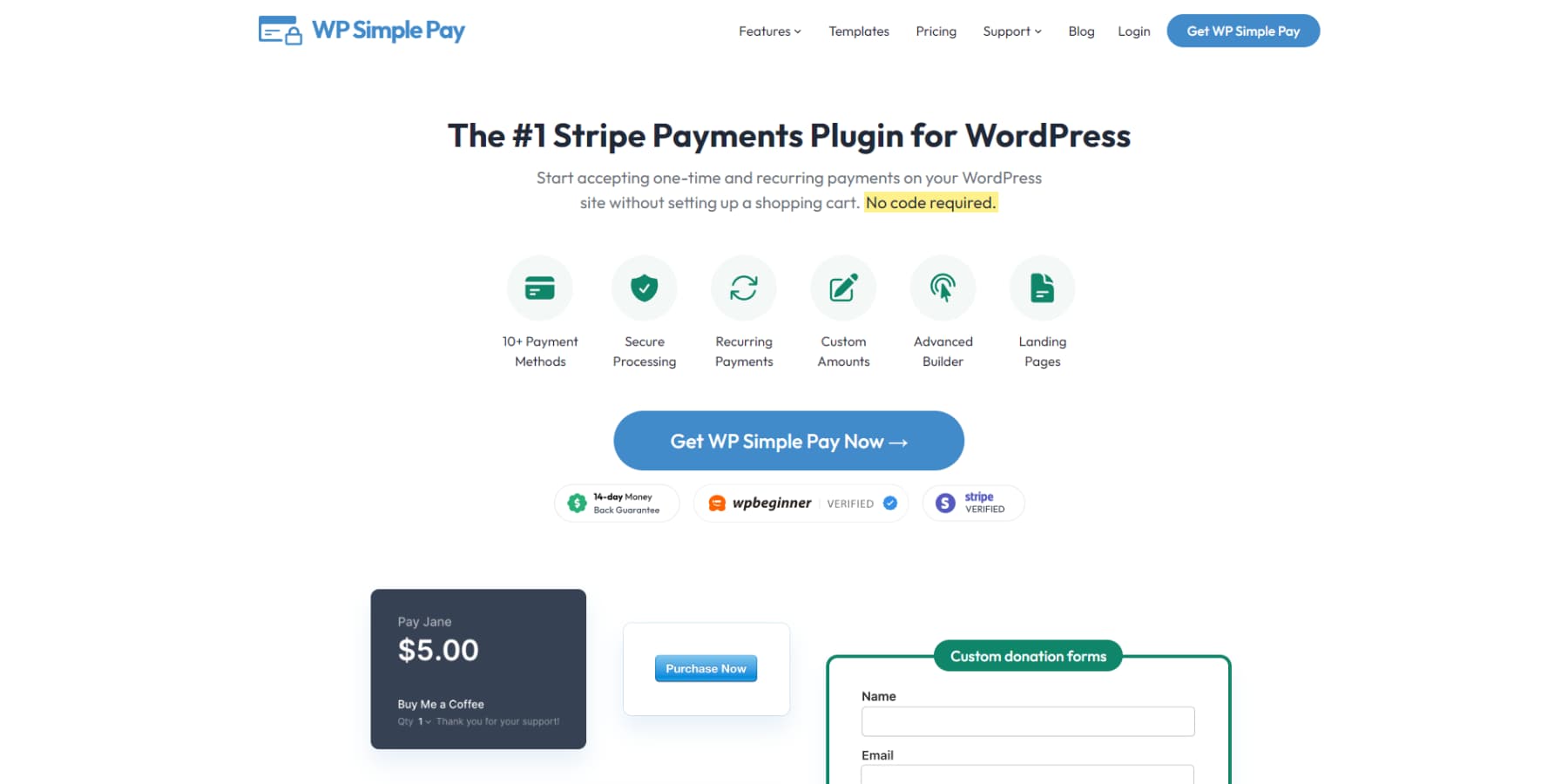 A screenshot of WP Simple Pay's homepage