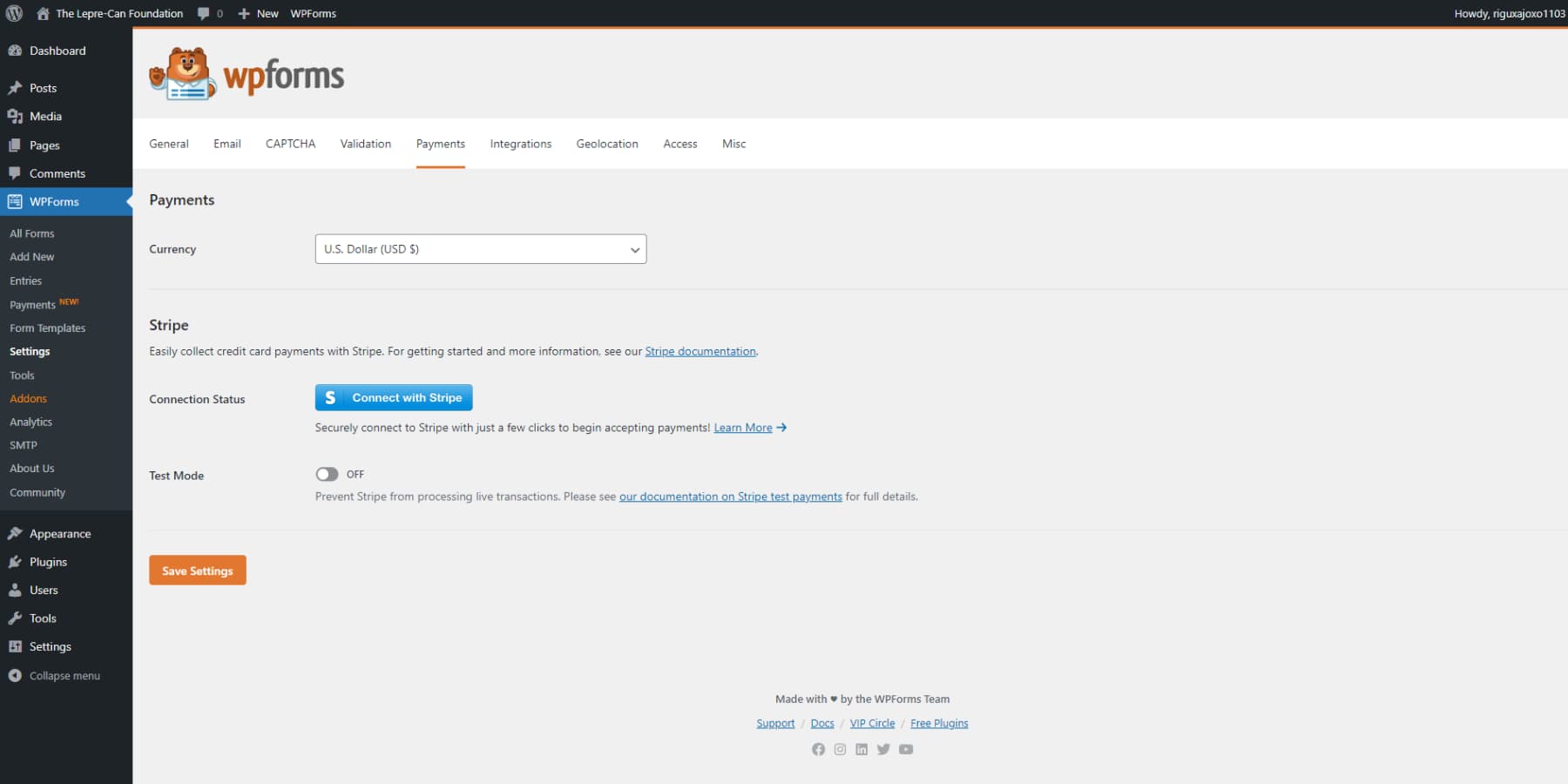 A screenshot of WPForms' payments user interface