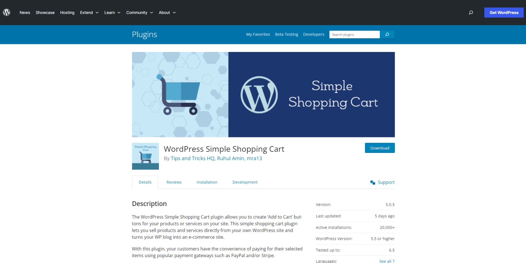 A screenshot of WordPress Simple Shopping Cart's plugin listing on WordPress Plugin Repository