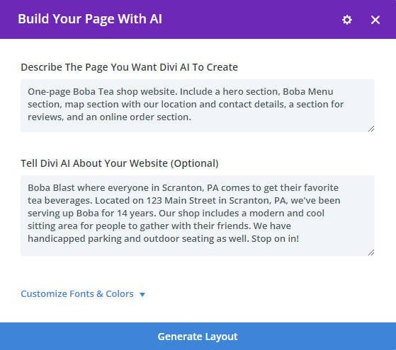 Boba Blast Prompts - Divi Layouts AI Ask for Specific Sections
