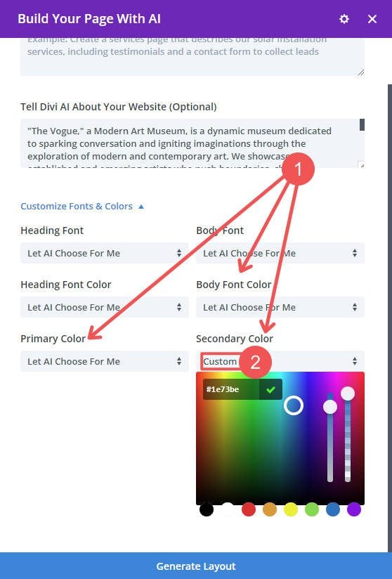 Choose Font and Accents Colors - Divi Layouts AI