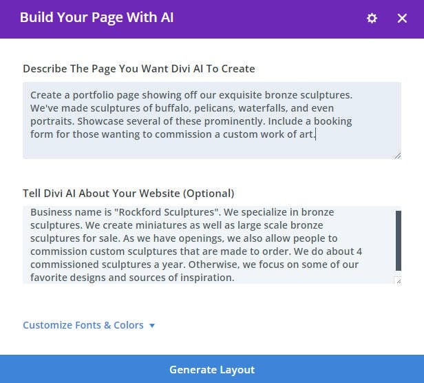 Divi Layouts AI - Example Prompt for a Sculpture Portfolio Page
