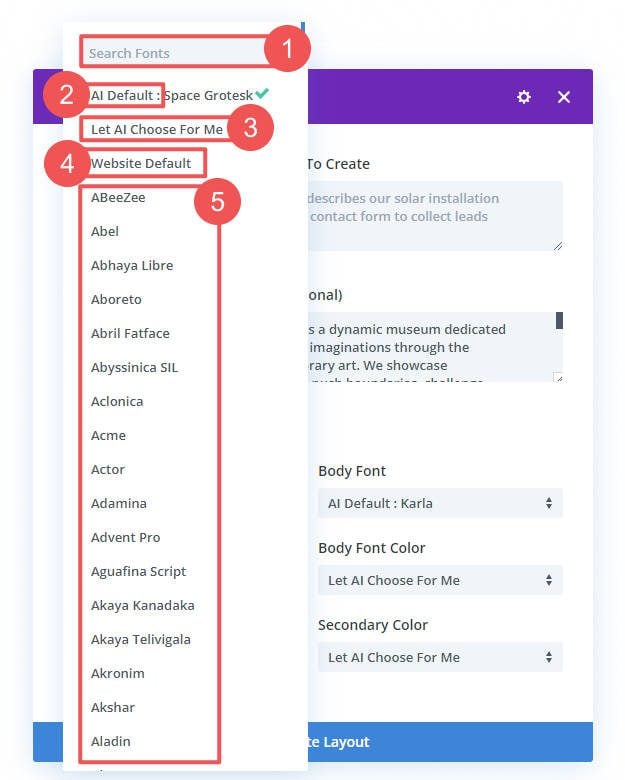 Divi Layouts AI Typography and Font Options - Choose Heading-Body Fonts