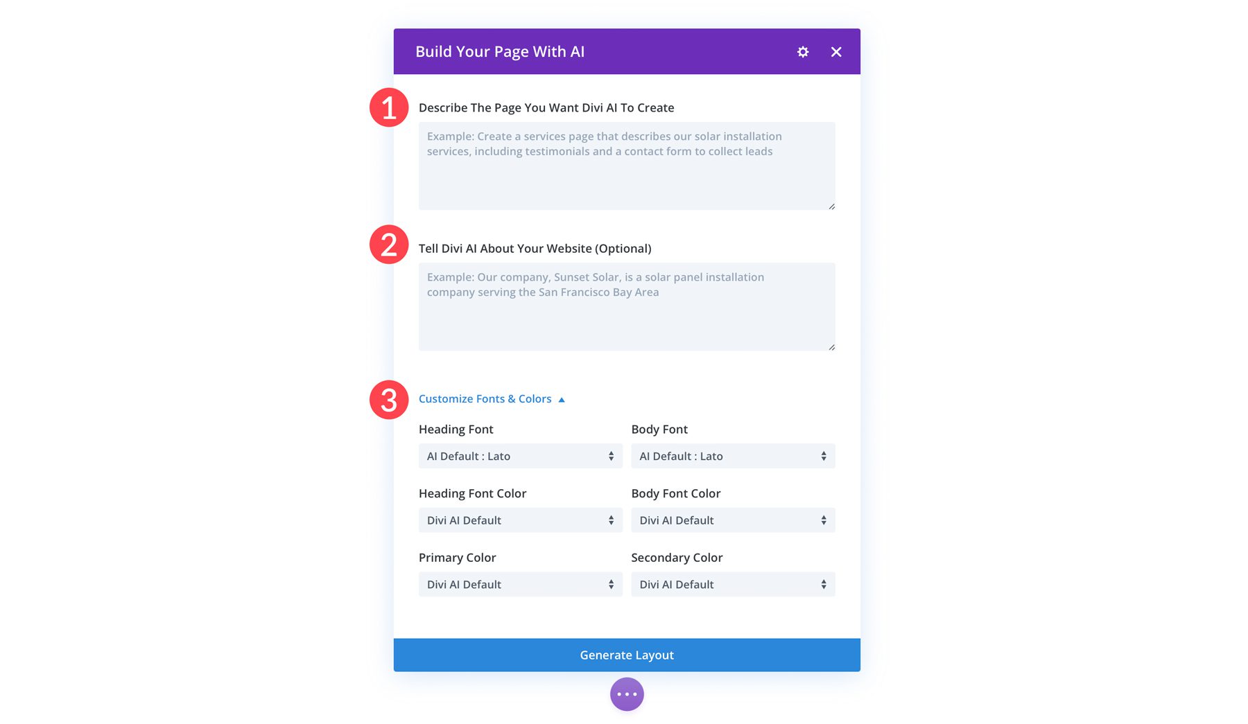 Divi Layouts AI guide options