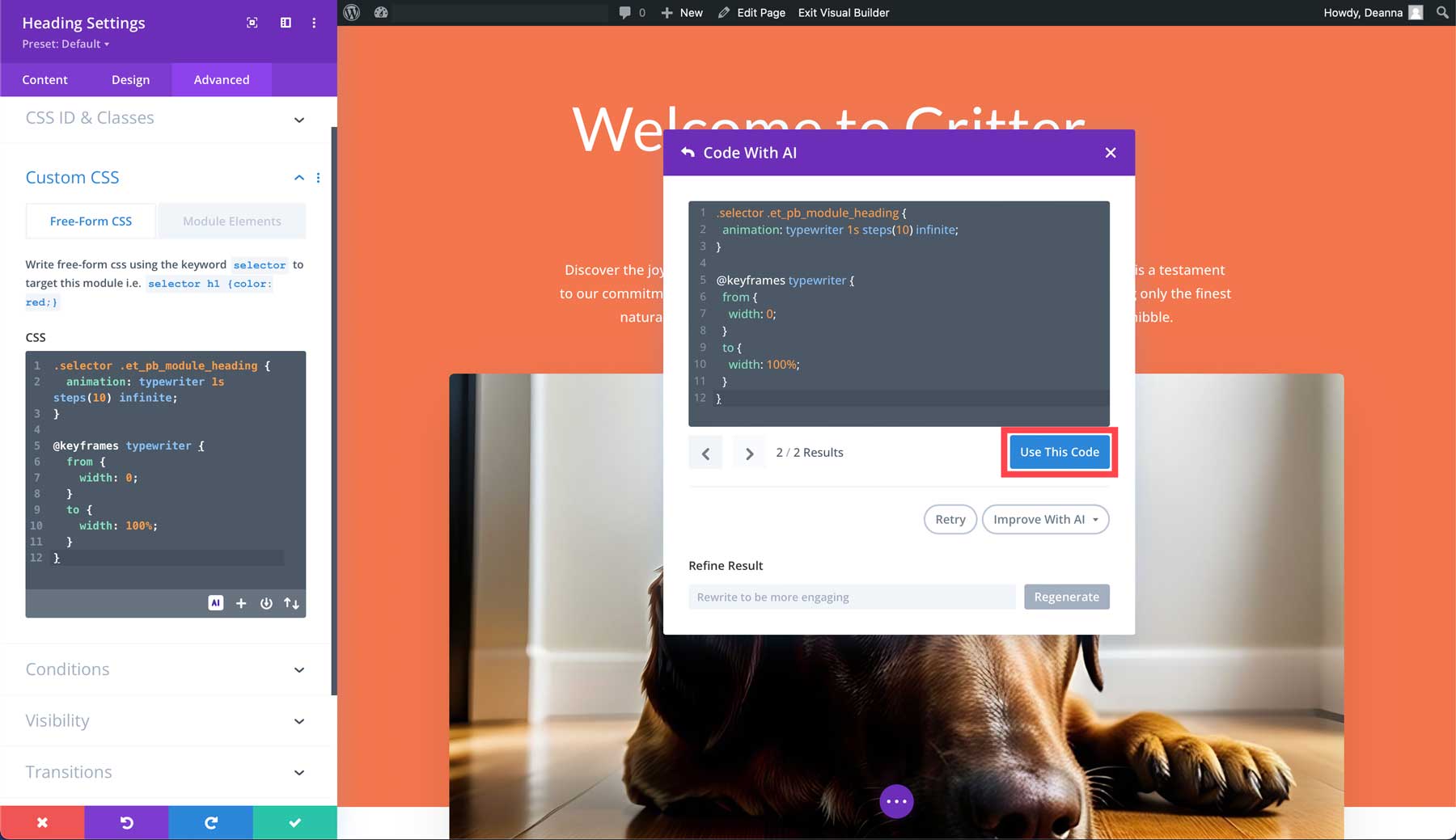 generate code with Divi AI