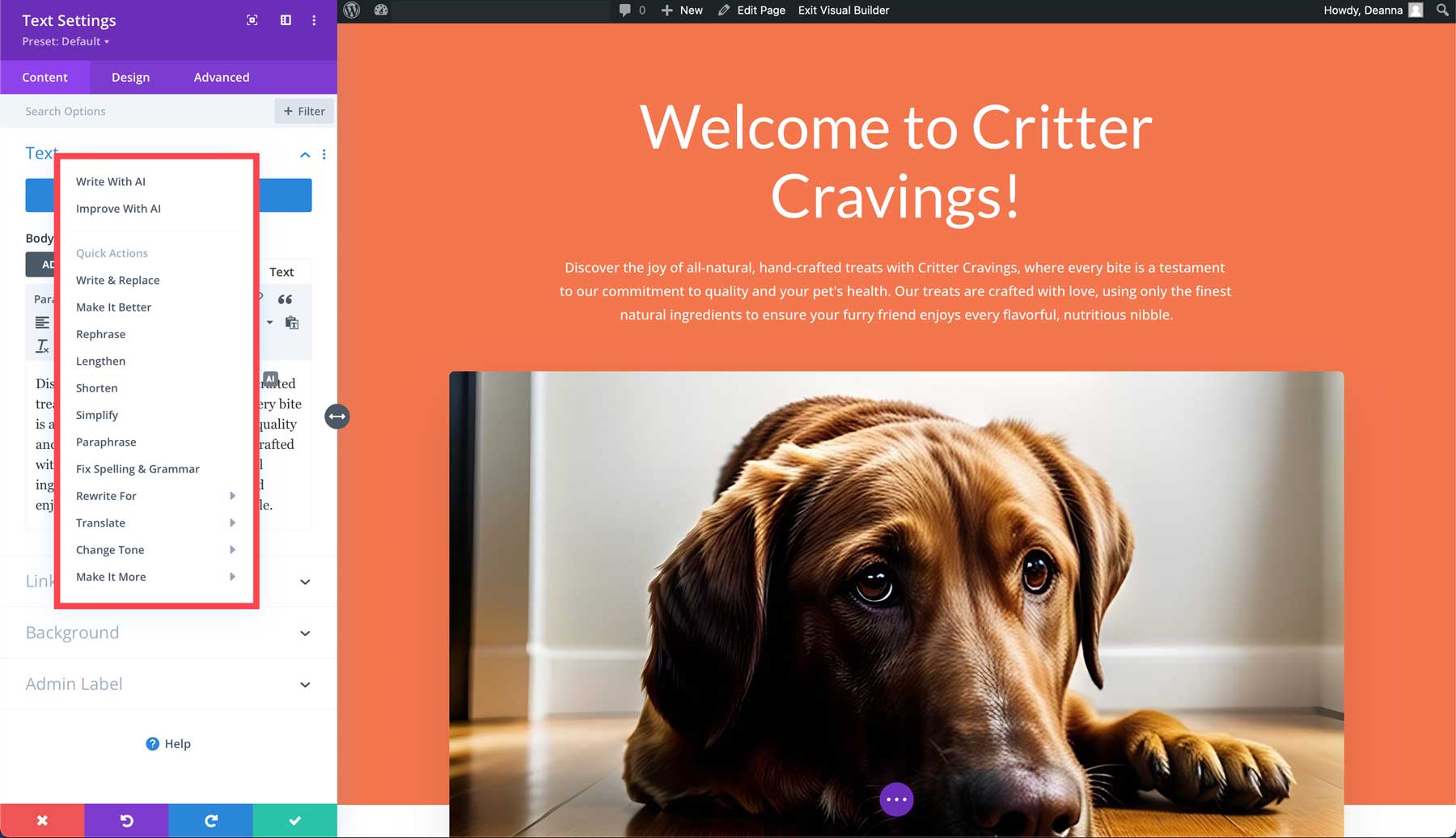 edit text with Divi AI