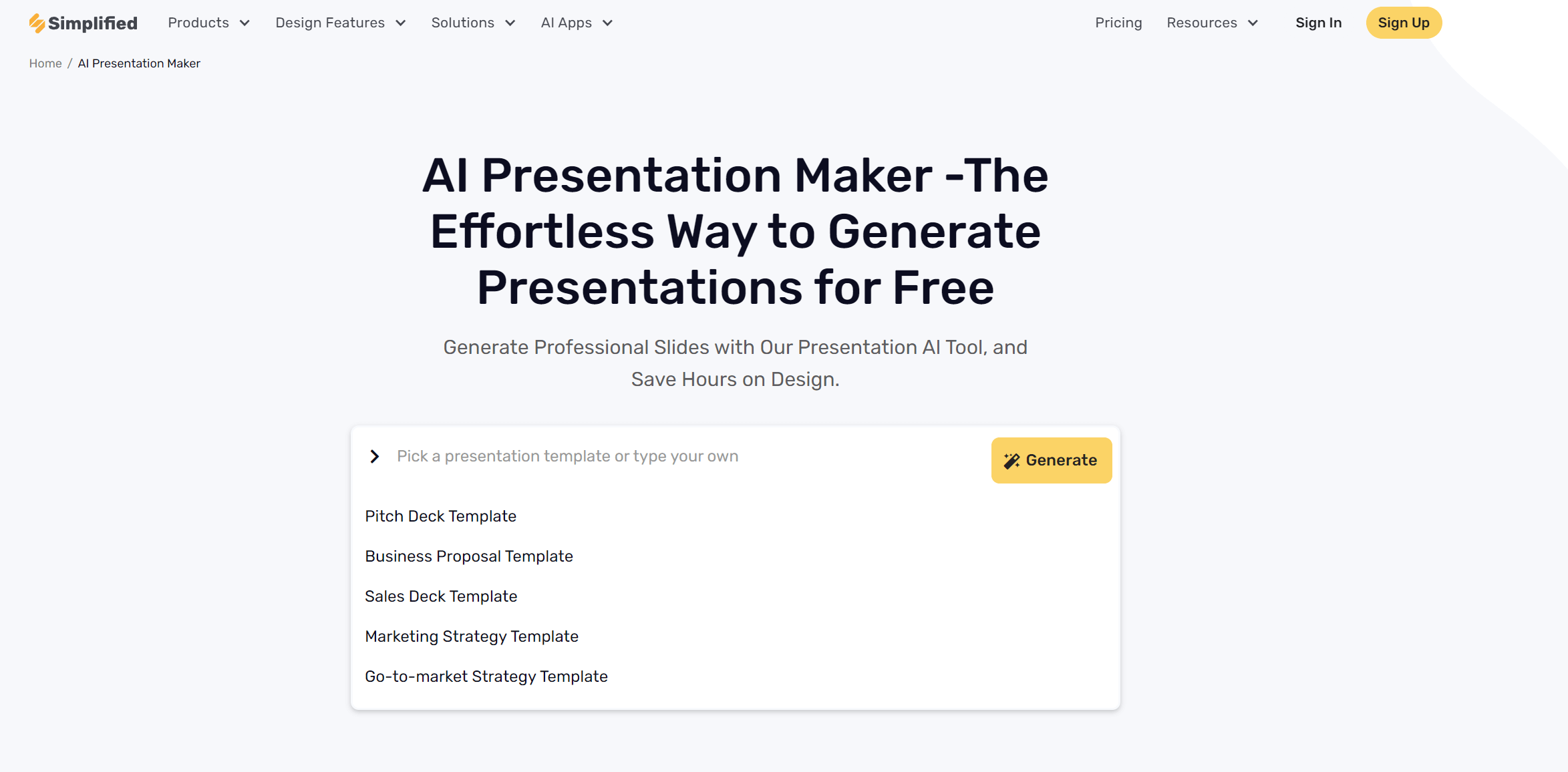 Simplified AI Presentation Builder - Landing Page