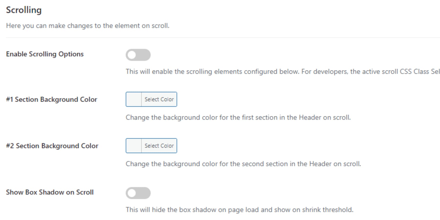 A screenshot of Theme Builder Header's Scrolling Options