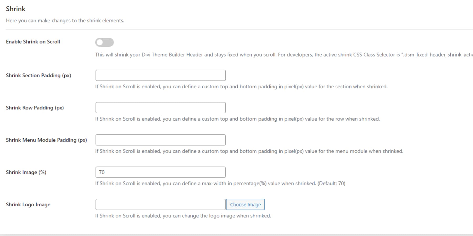 A screenshot of Theme Builder Header's Shrink Options