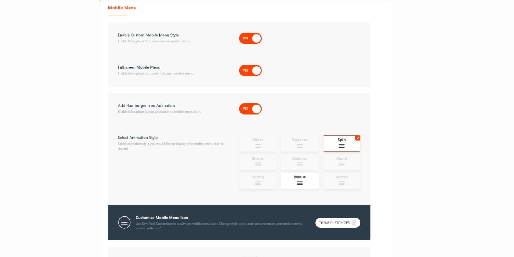 A screenshot of Divi Pixel's mobile menu options