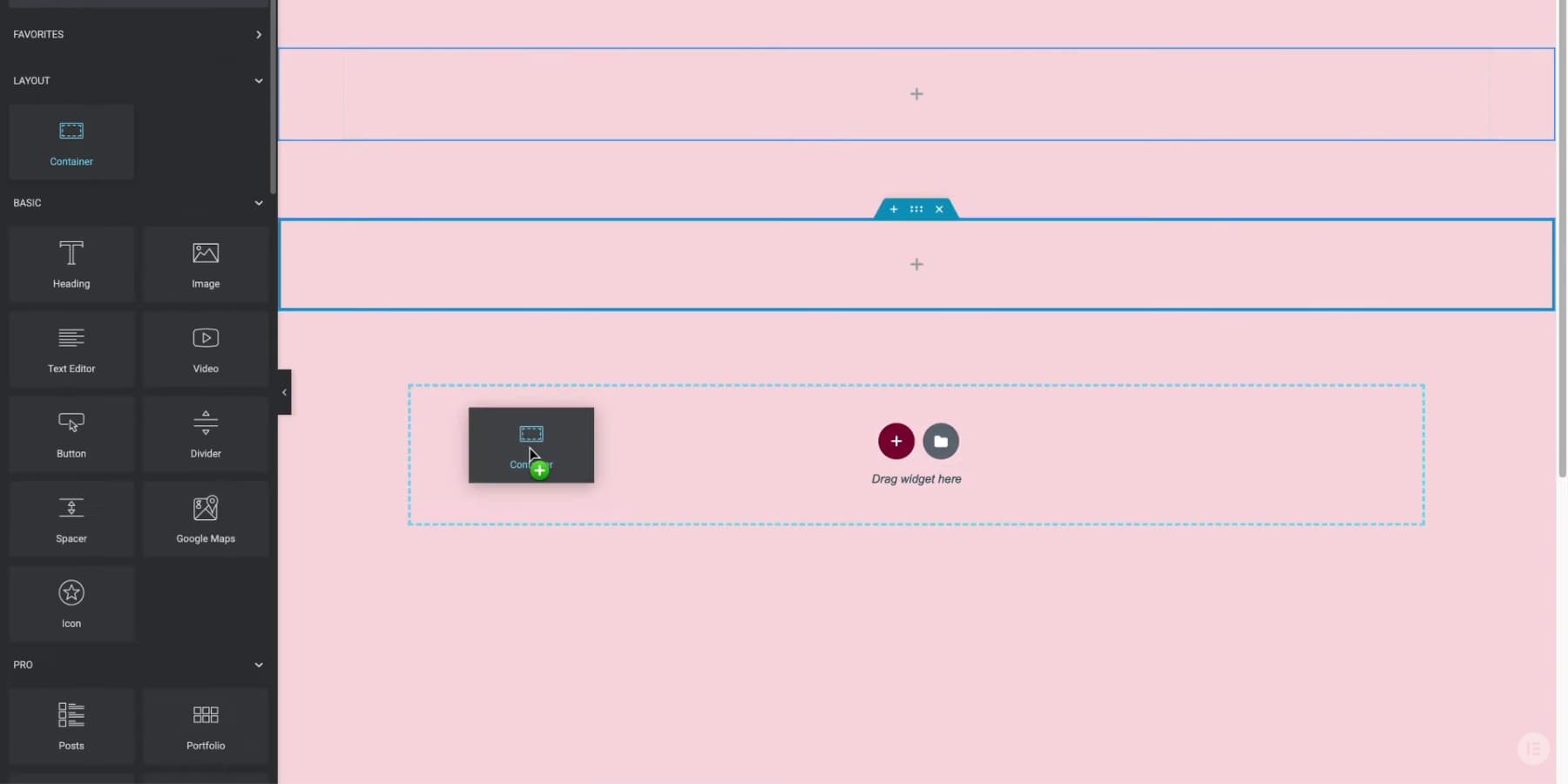 how to create a web page using google sites A screenshot of adding Elementor's flexbox container to the canvas