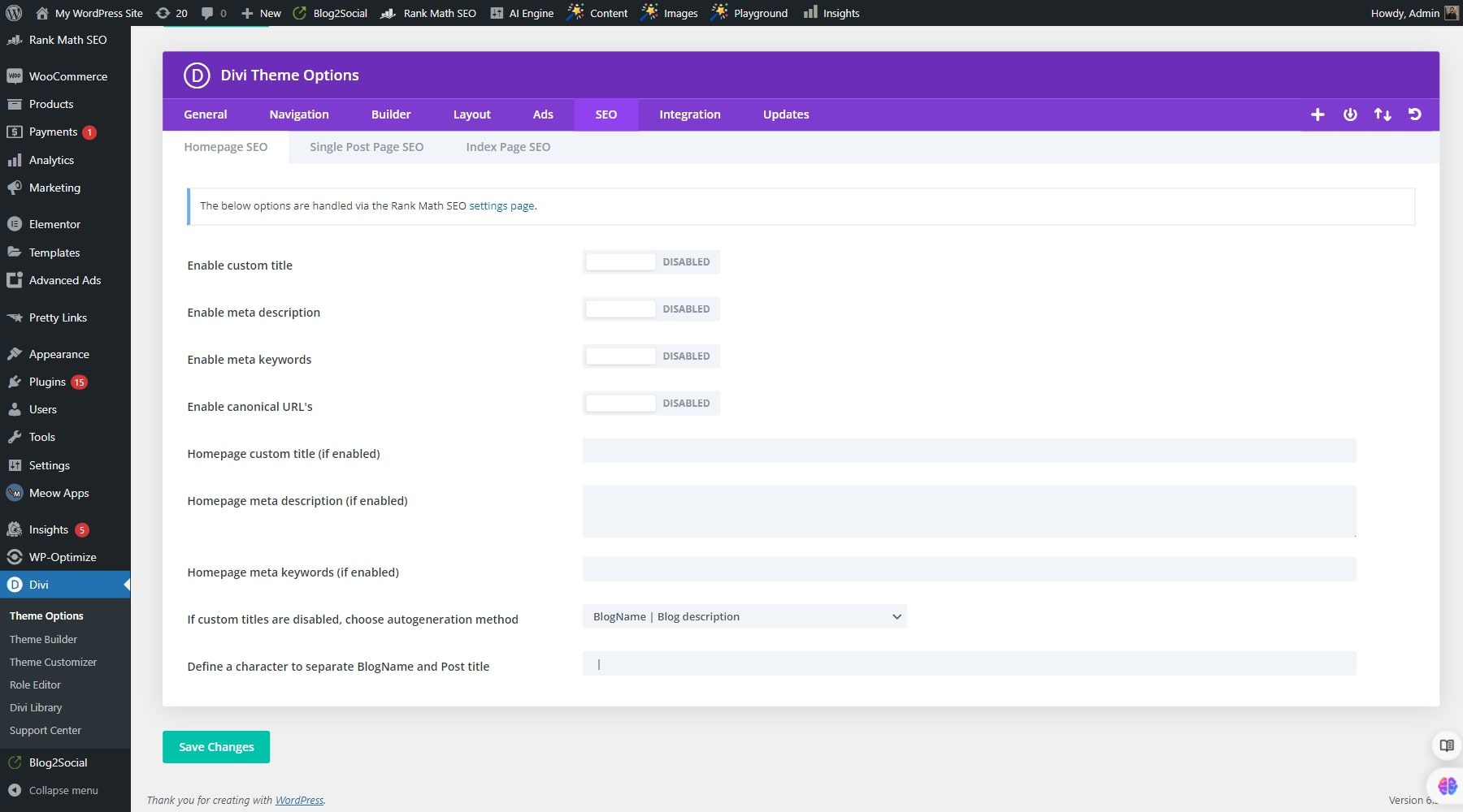 divi seo options