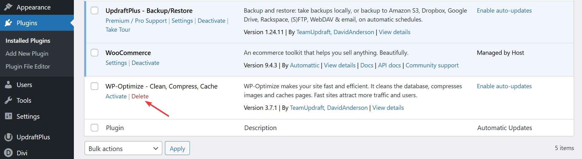 delete plugins