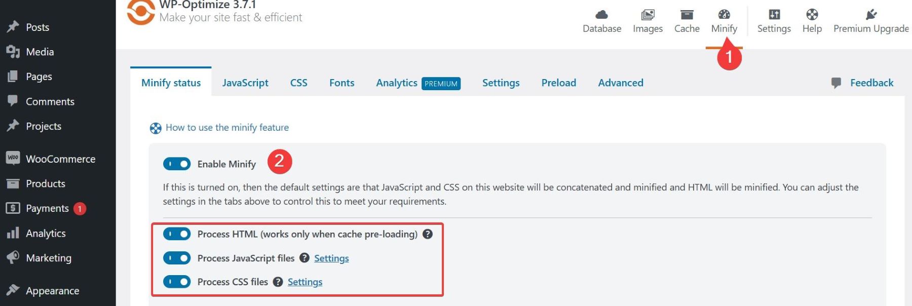wp-optimize minify
