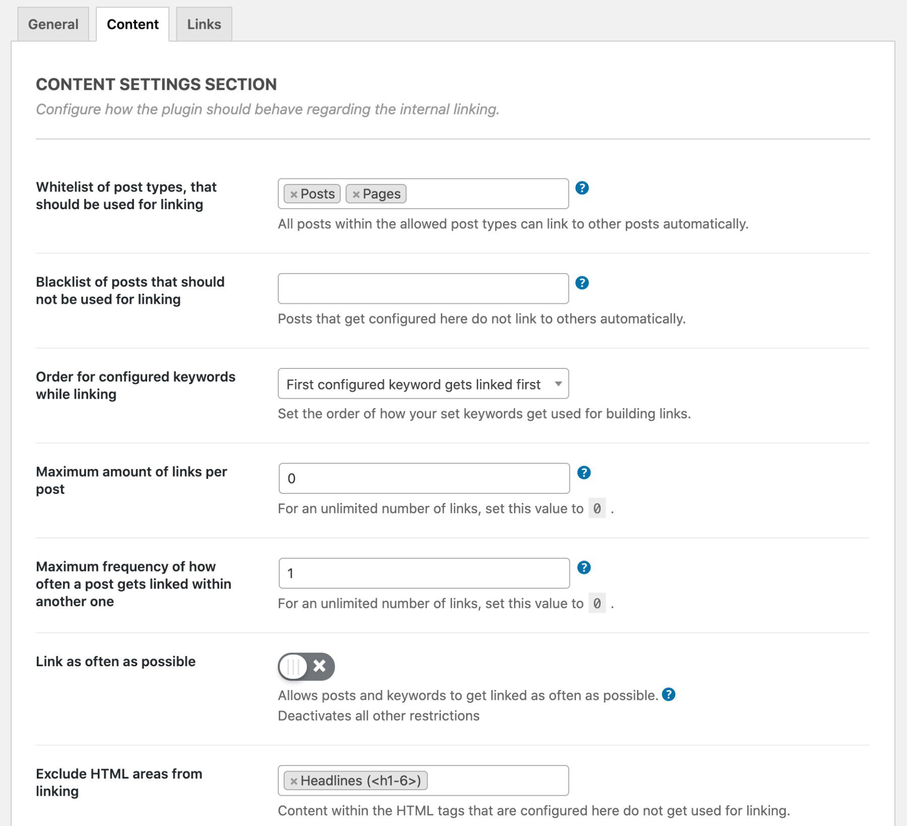 Internal Link Juicer Setup Settings