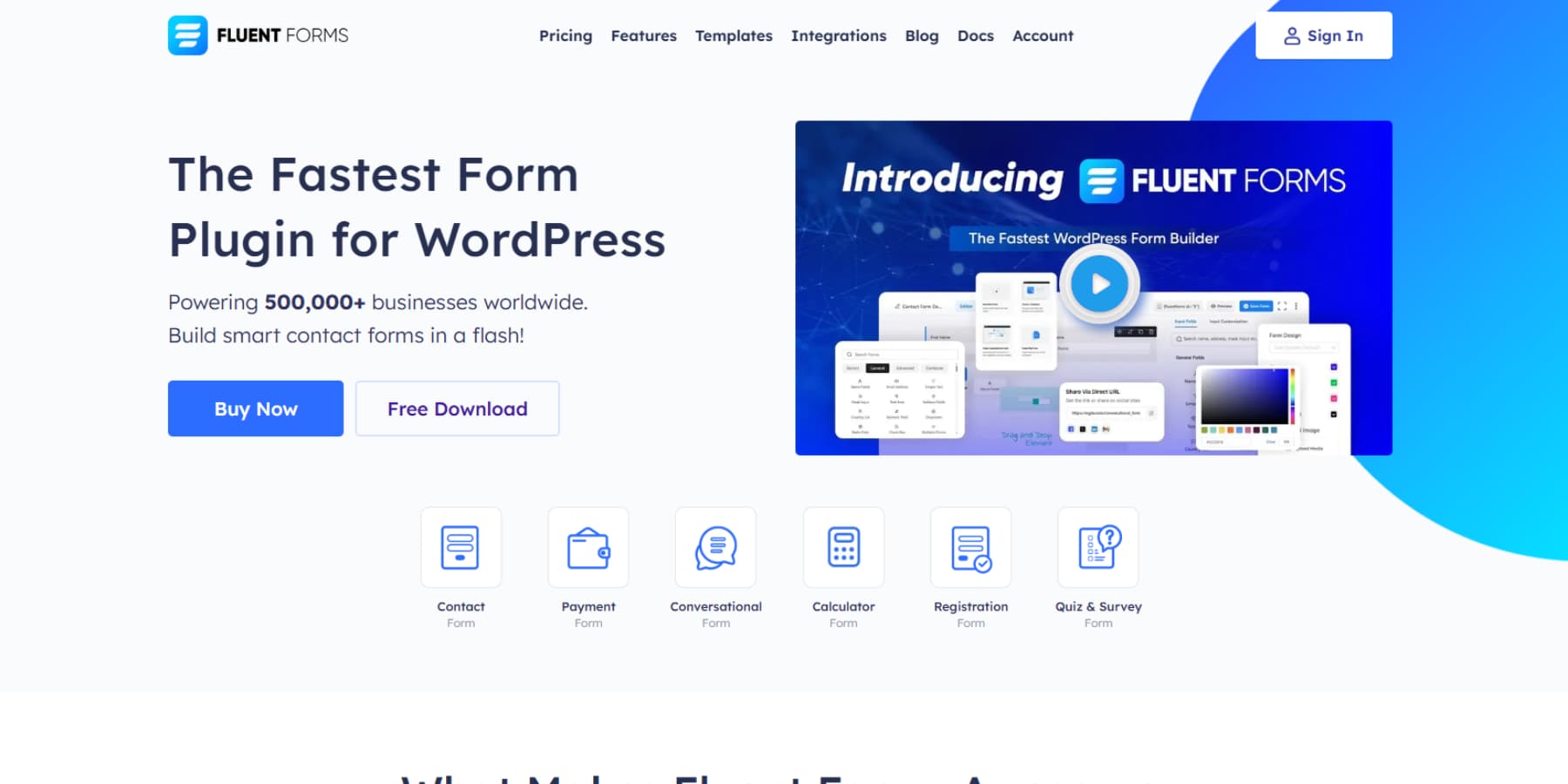 A screenshot of Fluent Forms' homepage