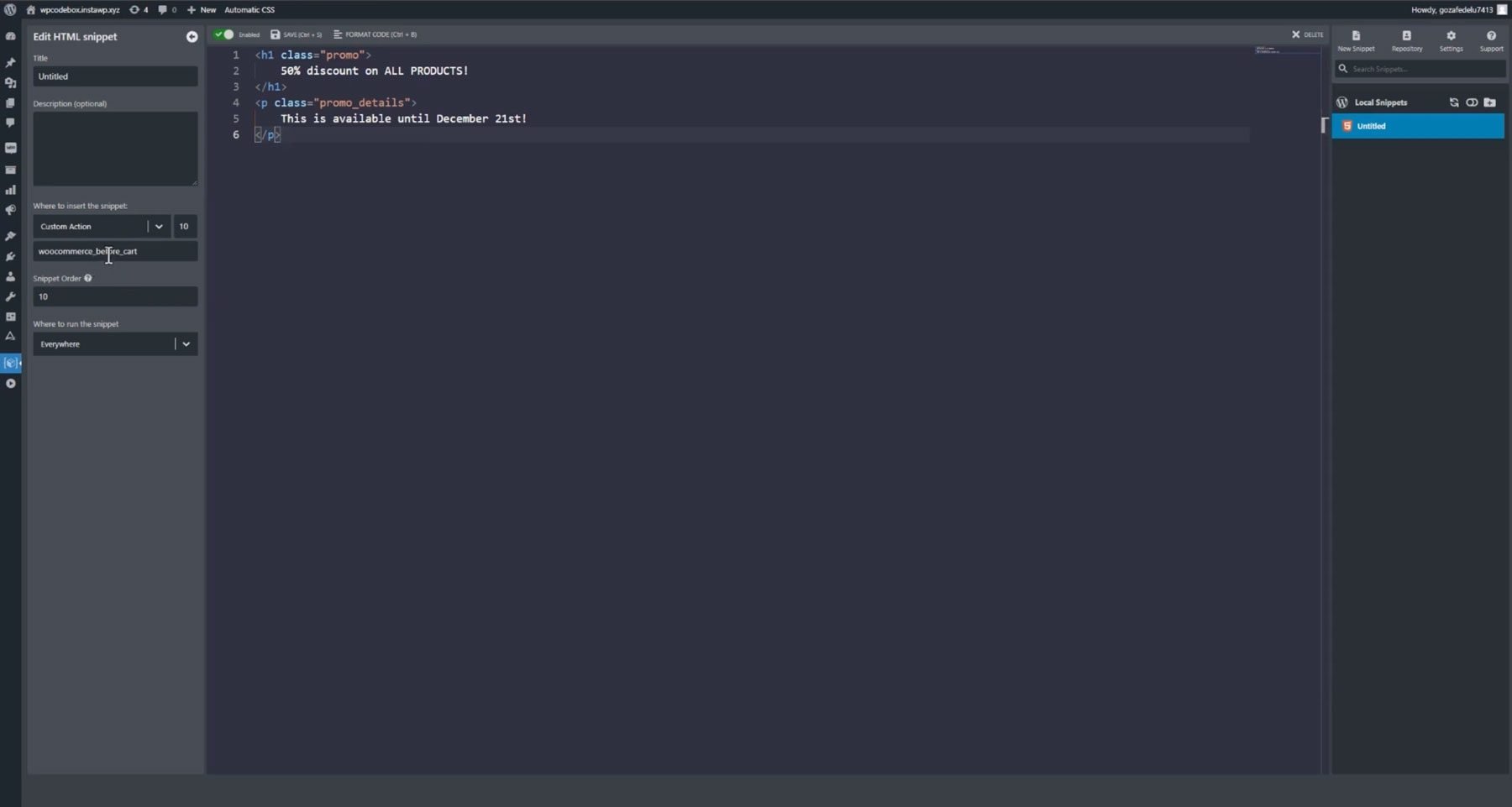 WPCodeBox interface